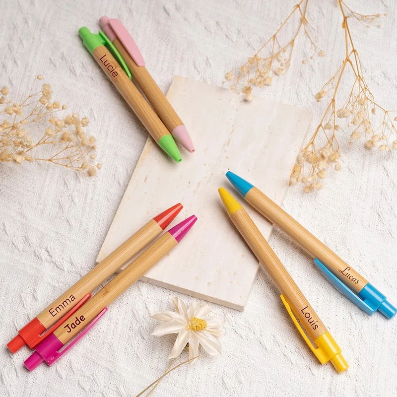 

Custom Logo Colourful Bamboo Pen Personalized Ballpoint Pens Wedding Gift Favors For Guest Baby Shower Decoration Baptism Party