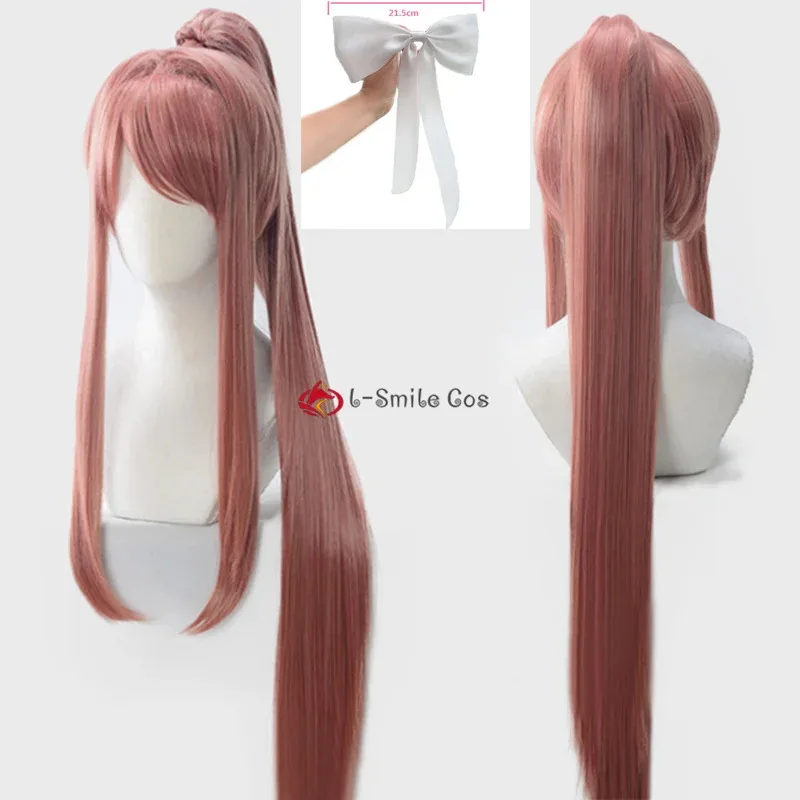 111 www Monika DDLC شعر مستعار مع 100 سنتيمتر ذيل حصان طويل Bownot دبوس الشعر أنيمي تأثيري مقاومة للحرارة خصلات الشعر المستعار