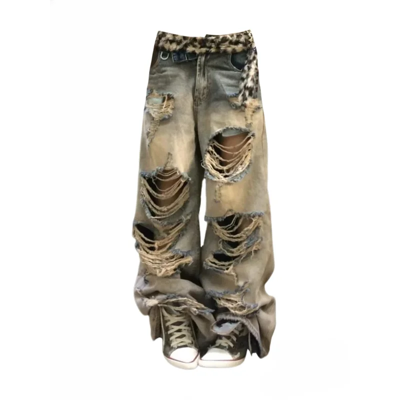 Large Size Distred Denim Jeans Women's Loose Wide Leg adient Long Pants Summer Street Sle Casual Jeans Female