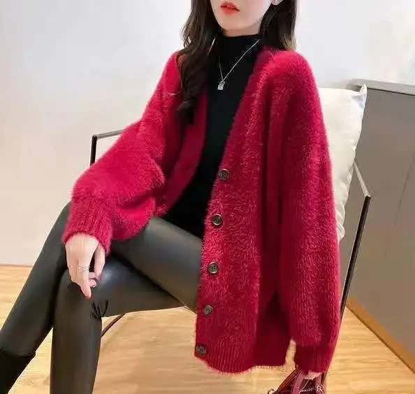 

Sweaters Women New Fashion New Mink Fur V-neck Knitted Cardigan Loose Network Red Thick Sweater Woman Clothing
