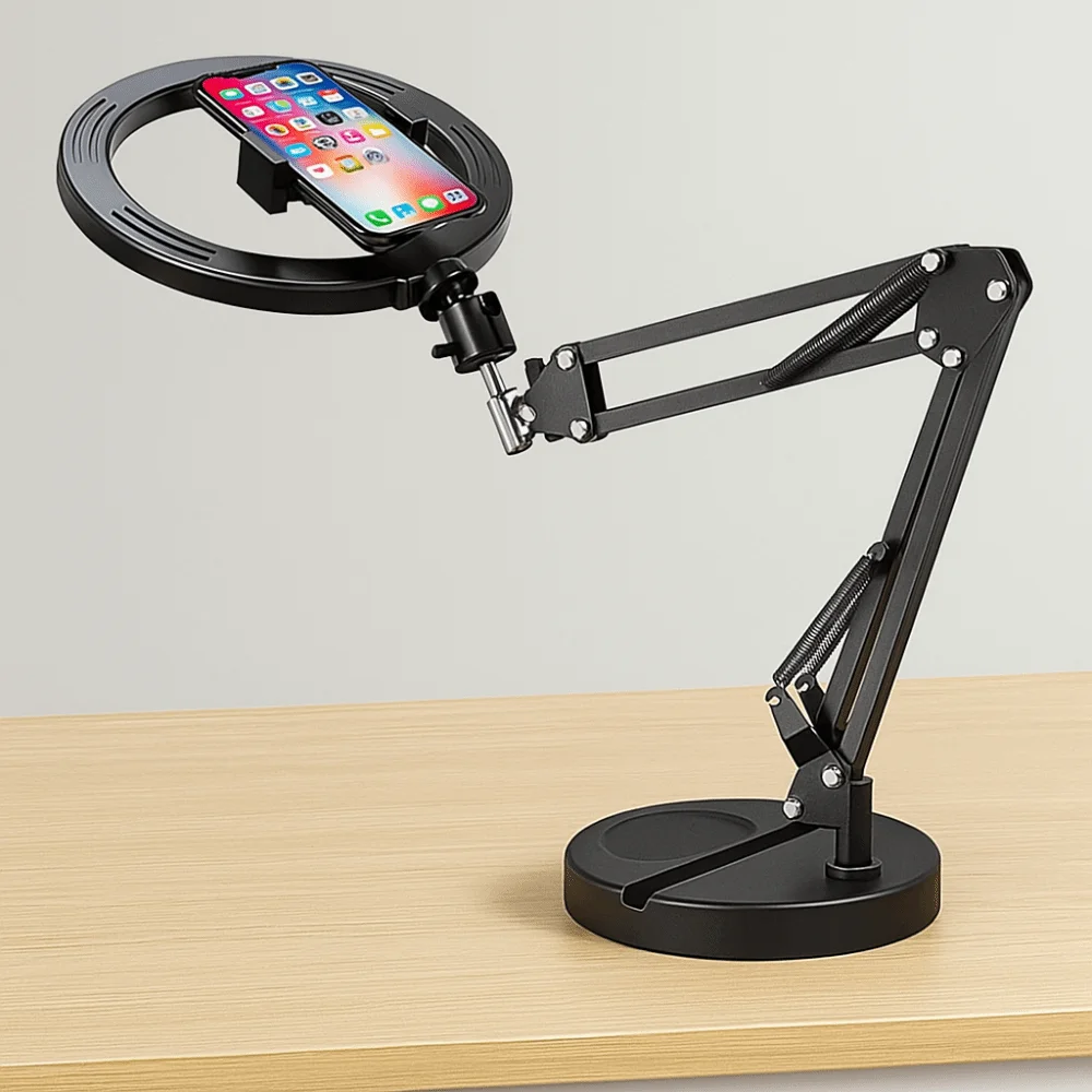 26cm Fill Light Telescopic Phone Stand Adjustable Height Portable Folding Phone Stand Stable Base Metal Desktop Phone Holder