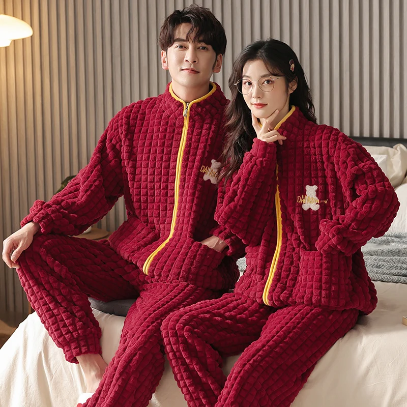 Couple Pajamas Set Red Flannel Sleepwear Women Men Warm Fleece Pijama Winter Lovers Kimono Home Clothes