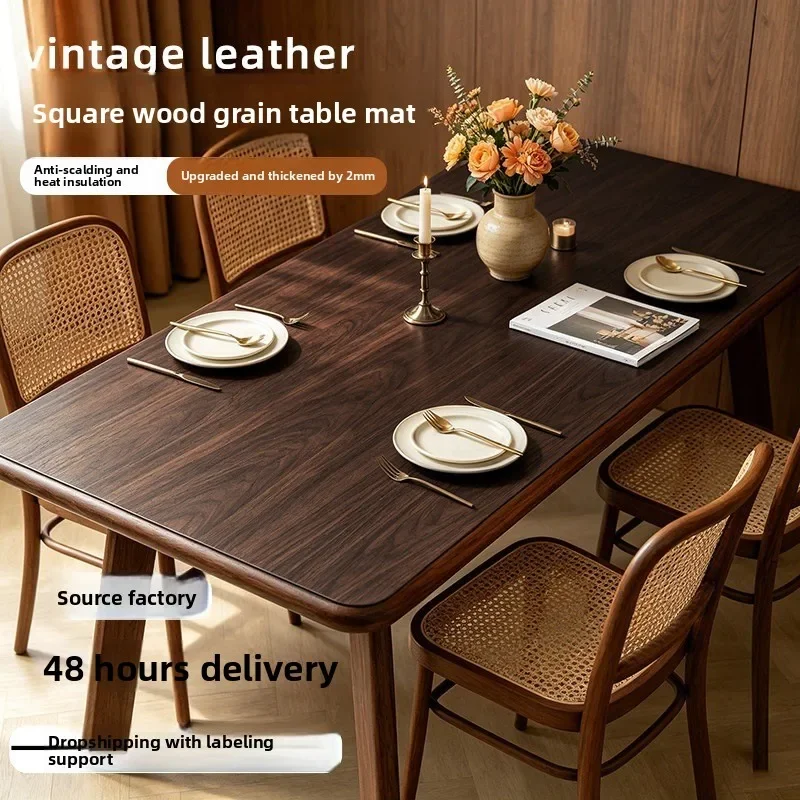 Faux Wood Grain Leather Table Cover Waterproof Oil Proof No Wash Heat Proof Desk Protector for Kitchen Desk