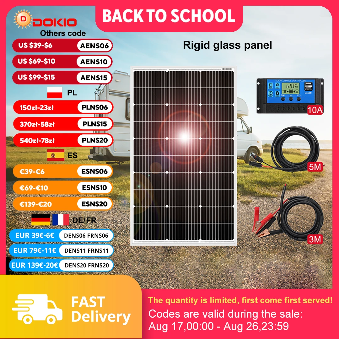 DOKIO 18 V 100 W Solarmodule/100 W monokristallines Kit 100 Watt Photovoltaik wasserdichtes Zellenpanel für Wohnmobil/Zuhause/12 V Batterie