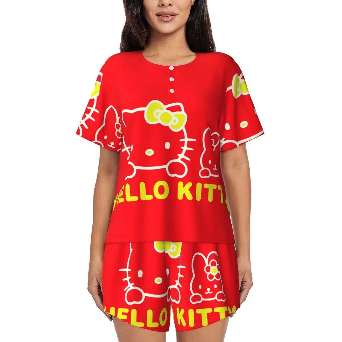 Custom Cartoon Anime Hello Kitty Pajamas Set Women's Short Sleeve Sleepwear Loungewear 2 Piece Pjs