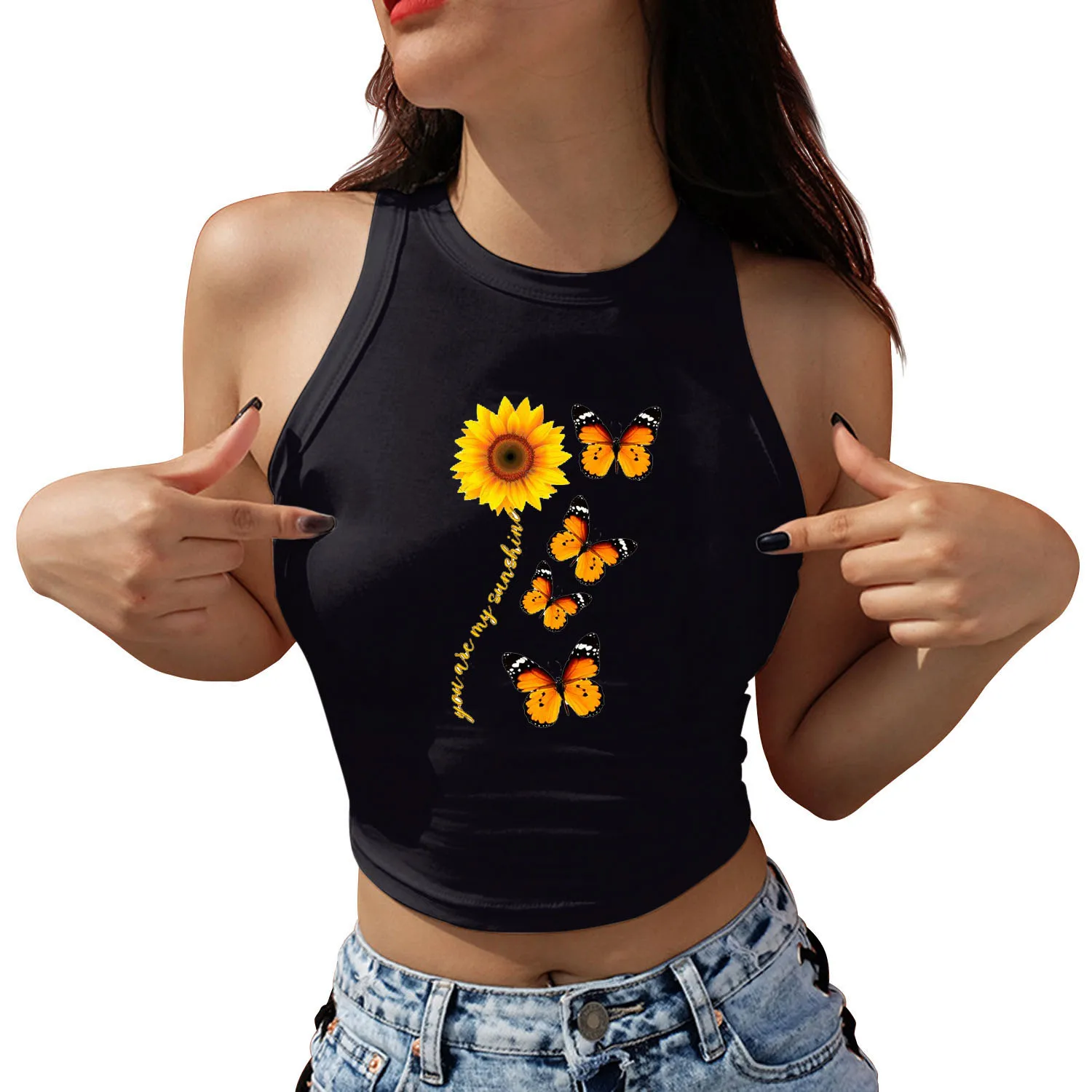 New Sunflower Butterfly Graphic Print Summer Women Y2K Crop Top Sleeveless Shirts Girls Sexy Tops Streetwaer Fashion Tank Tops