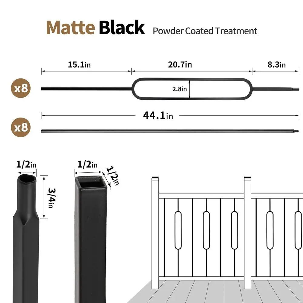 44 درابزين درج معدني أسود من الساتان، 16 عبوة مع 8 مغزل بيضاوية و8 مغزل مجوفة مستقيمة