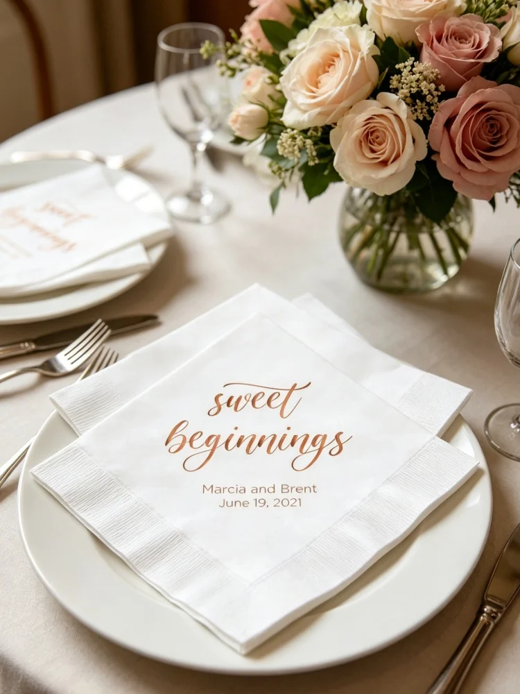 

Custom Sweet Beginnings Dessert Paper Napkins for Wedding, Personalized Printed Cocktail & Beverage Size Guest Towels