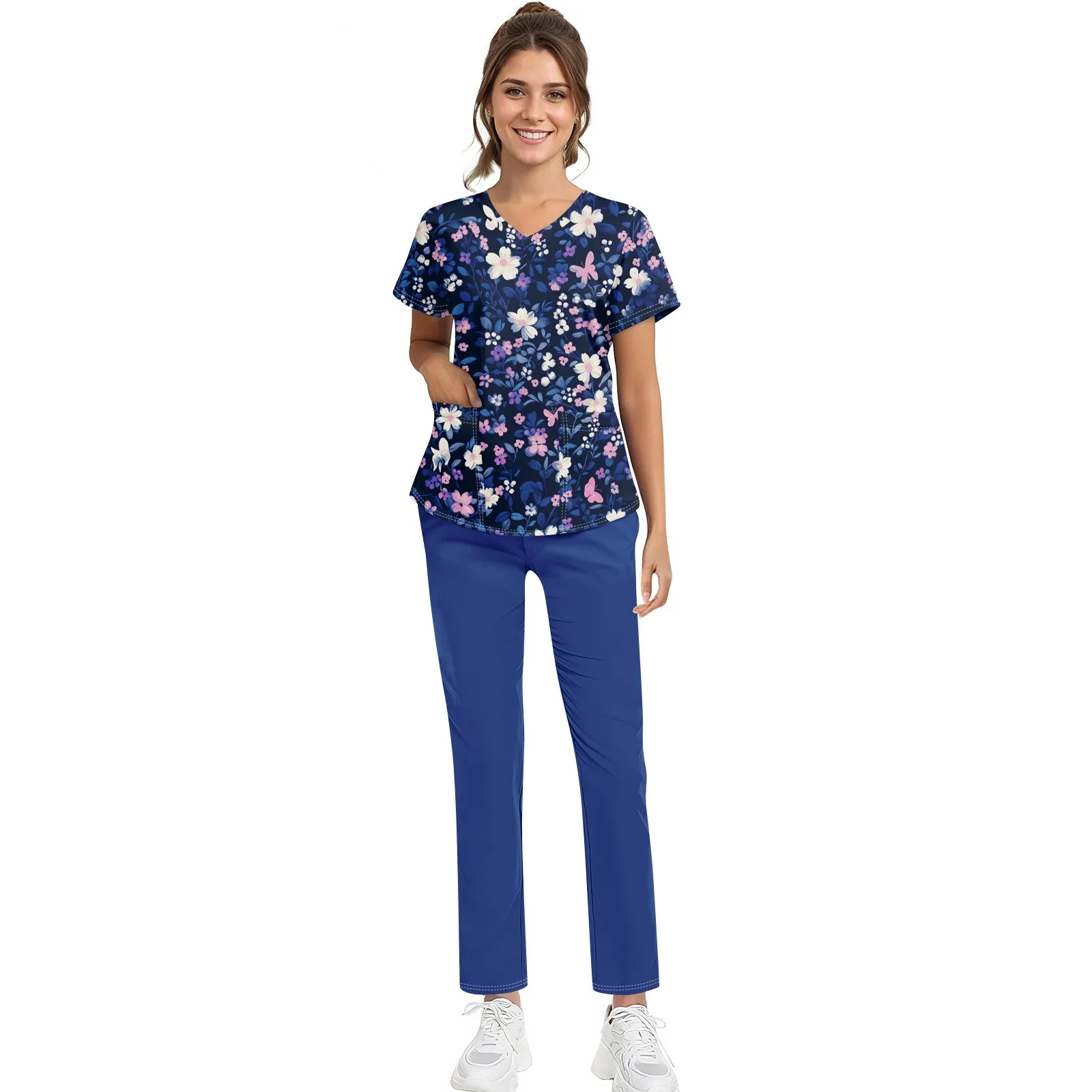 女性のナース制服スーツ半袖動物花柄ポケットトップとパンツ作業服看護制服ツーピーススーツ