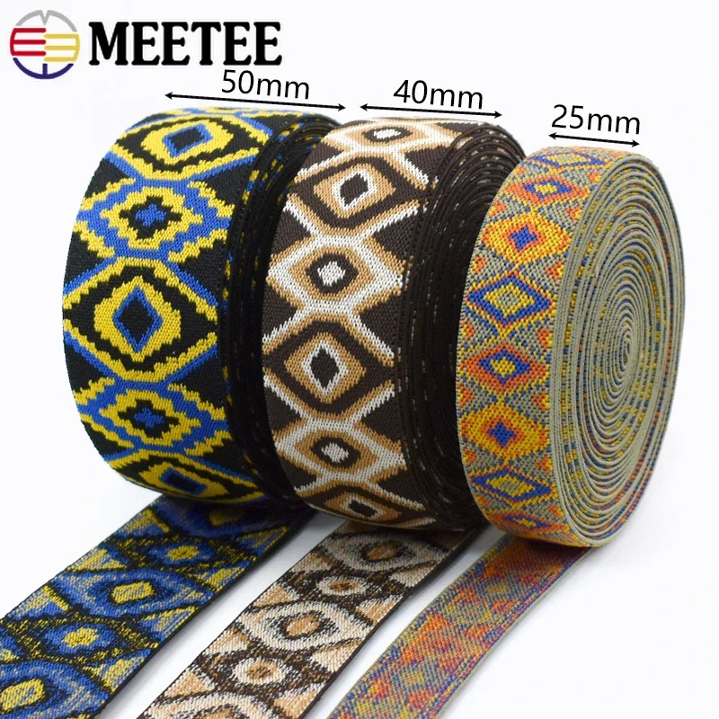 Faixa elástica étnica para calças, bandas de borracha, fitas, Stretch Webbing, pulseira de roupas DIY, acessórios de costura, 2 m, 5m, 25mm, 40mm, 50mm