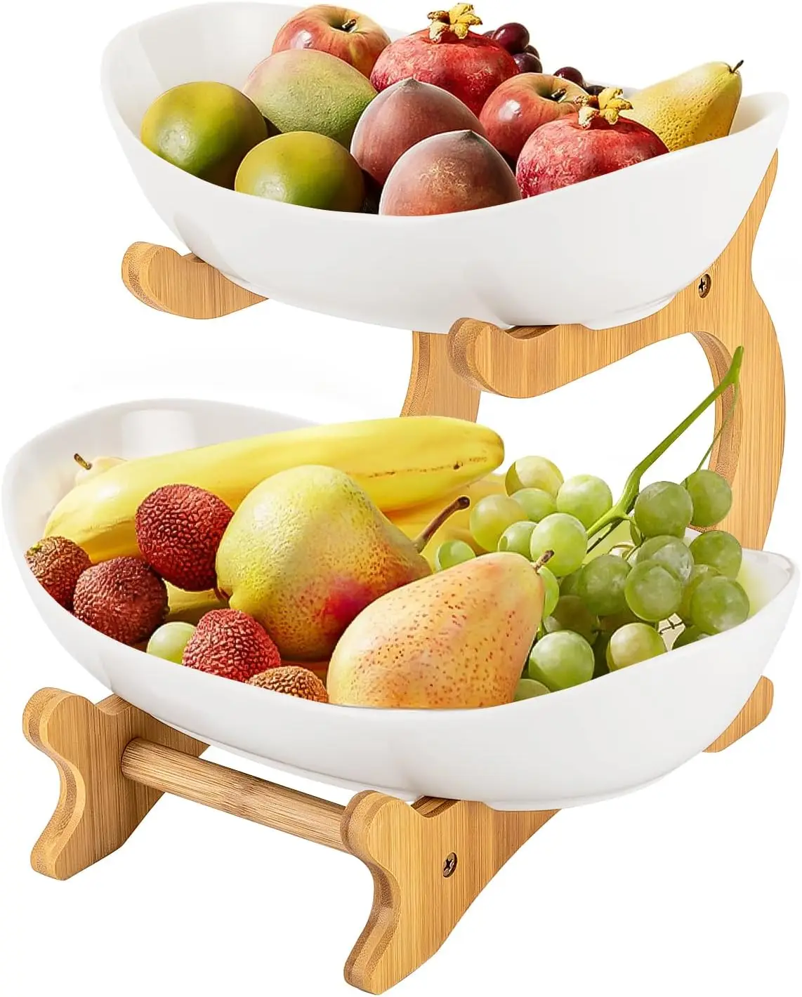 Elegant 2Tier Ceramic Fruit Bowl with Bamboo Stand