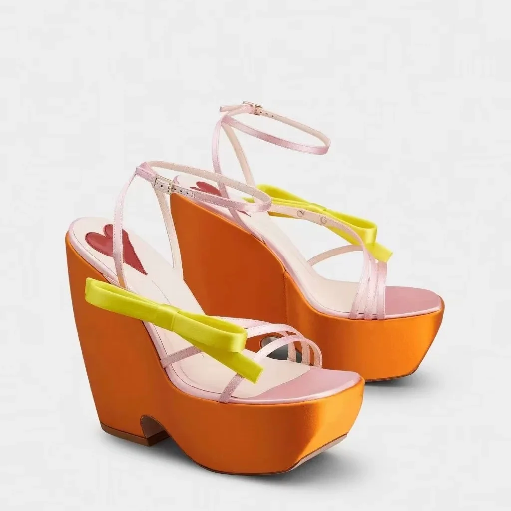 Women's Orange Satin Bow Color-Block Heart Wedge Heel Sandals Sweet Retro Romantic Ladies Casual  Beach Street High Heel Shoes