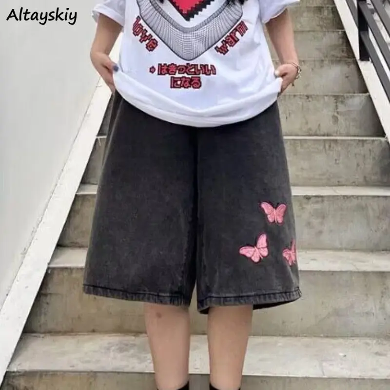

Jeans Women Butterfly Embroidery Graceful Vintage Casual Students Female Korean Style New Popular Fashion Harajuku Knee Length