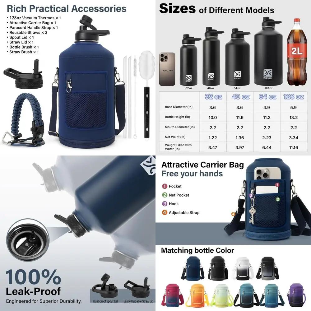 

Изолированный вакуумный кувшин для воды из нержавеющей стали, 128 унций, портативный, с соломинкой и сумкой для спортзала и пеших прогулок