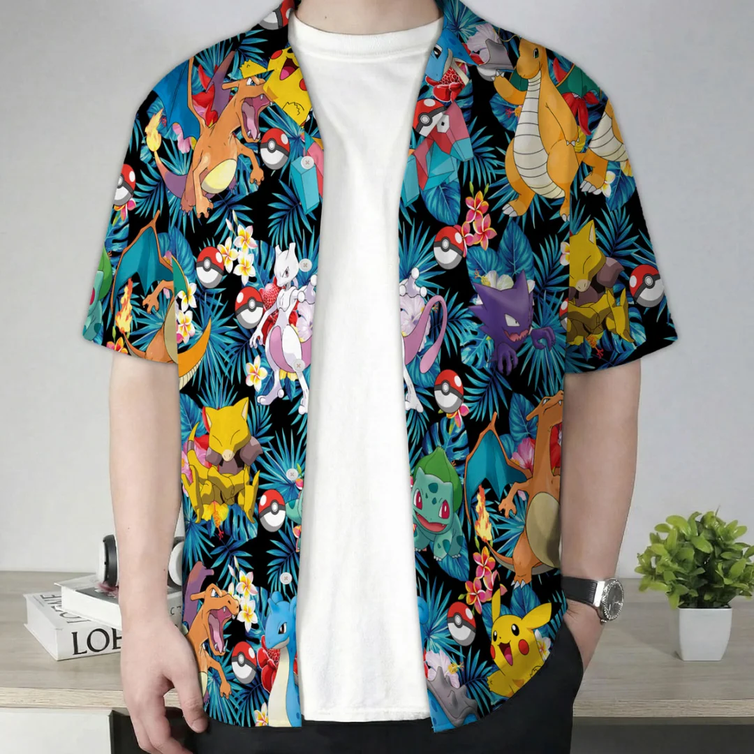 Camiseta de Anime Hawaiana con Estampado Tropical de Pokémon Kanto 2026, Camiseta de Verano para Hombre, Ropa Infantil, Camiseta Y2K para Mujer