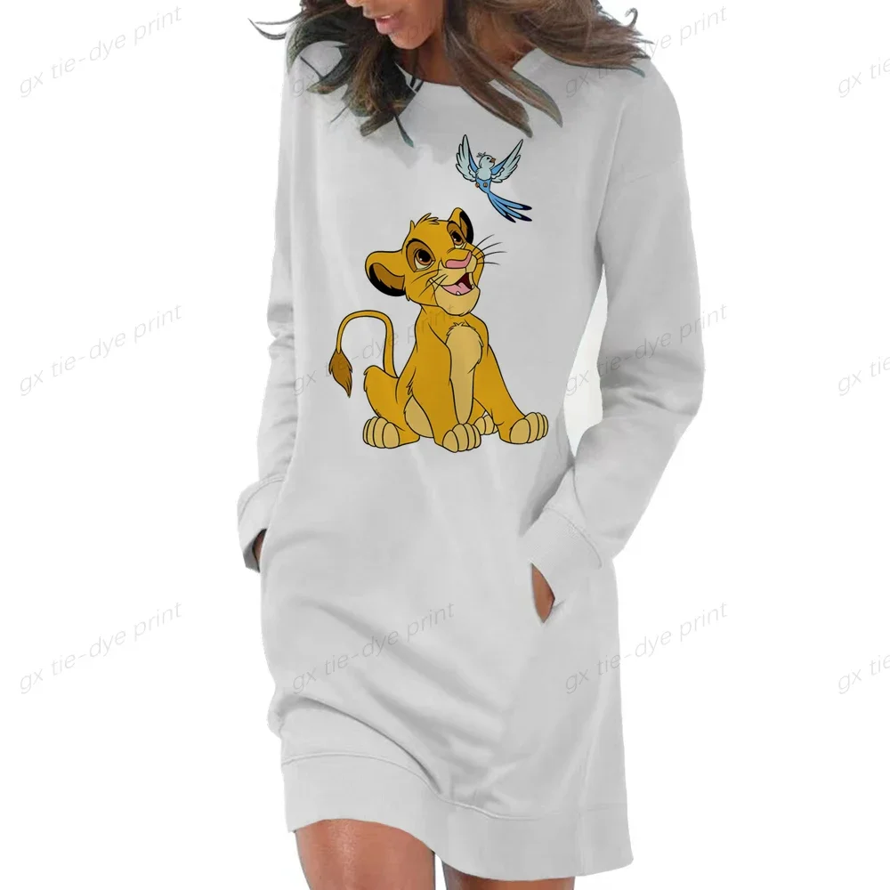 Disney Lion King Print Women\'s Long Sleeve Hooded Pockets Pullover Hoodie Dress Tunic Sweatshirt Sexy hip bag tight hoodie dress