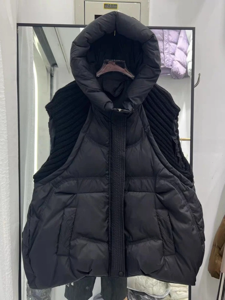 Winter Versatile Down Vest For Women Hooded Knitted Sleeveless Spliced Solid Color Coat Casual 2025 New Clothing Jacket