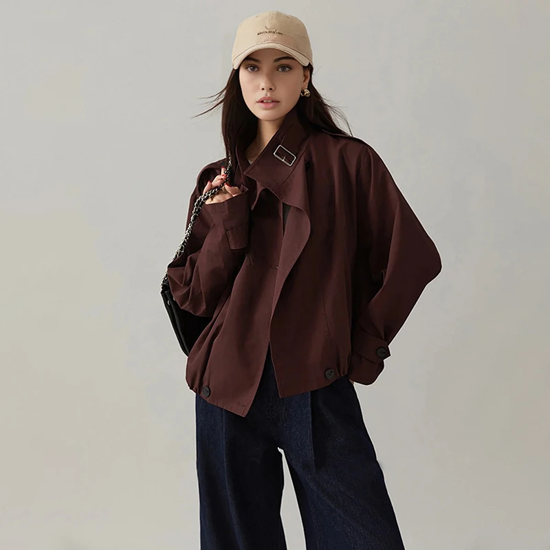 

Korean Y2K Stand Collar Zip Up Burgundy Jacket Women Spring Autumn Loose Streetwear Outerwear New Fashion Cropped Coats Woman