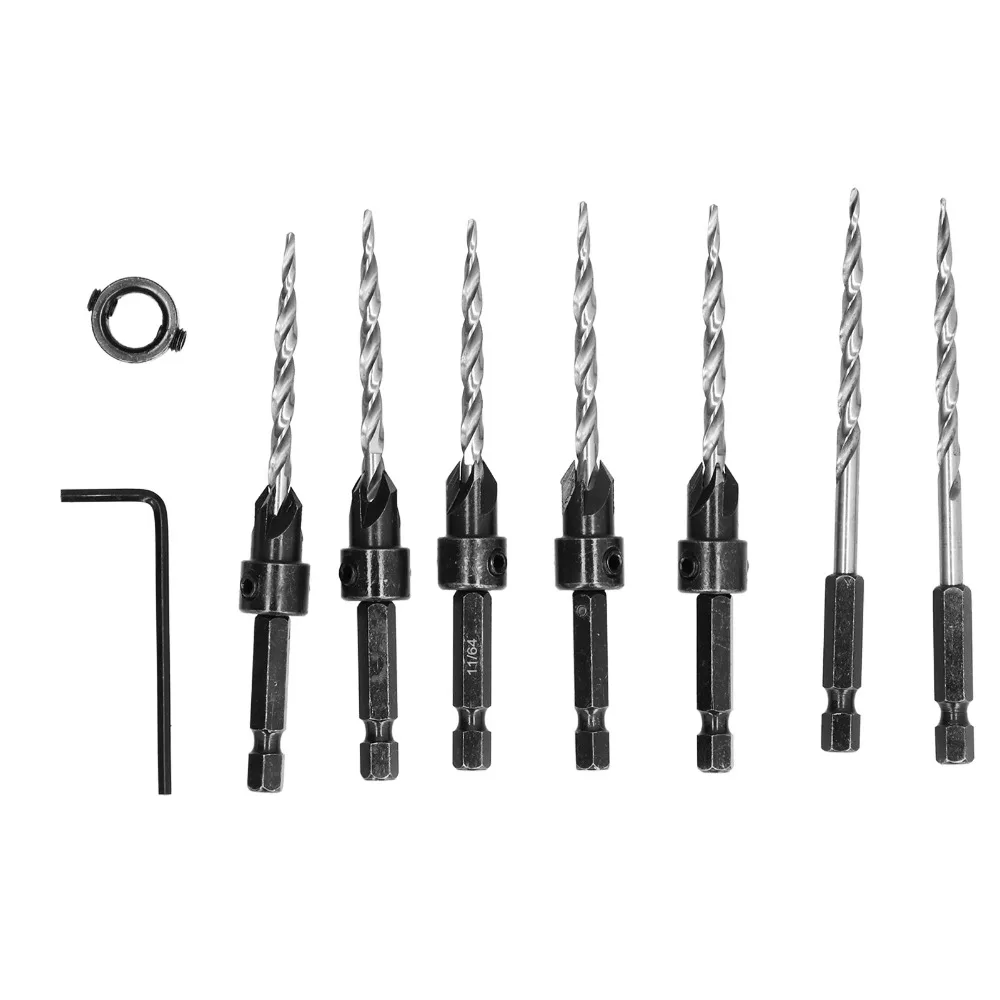 

9PCS 1/4 Inch Hex Shank Countersink Drill Bit Set Adjustable Depth Stop Quick Change Wood Countersink Drill Bit Tapered