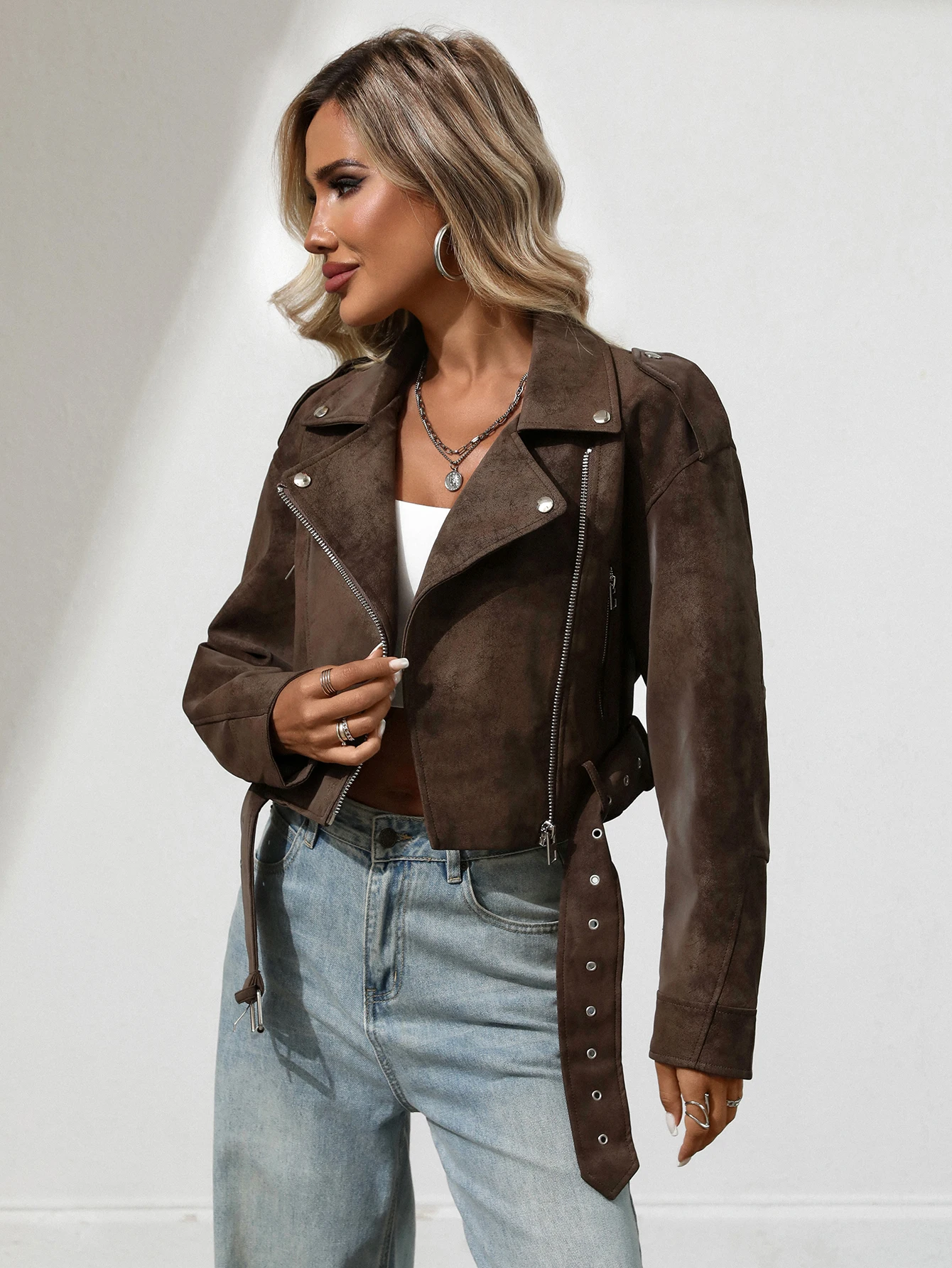 Jaqueta feminina recortada de couro de camurça sintética Vegan Motor Biker Coat Bomber Causal Outwear com cinto