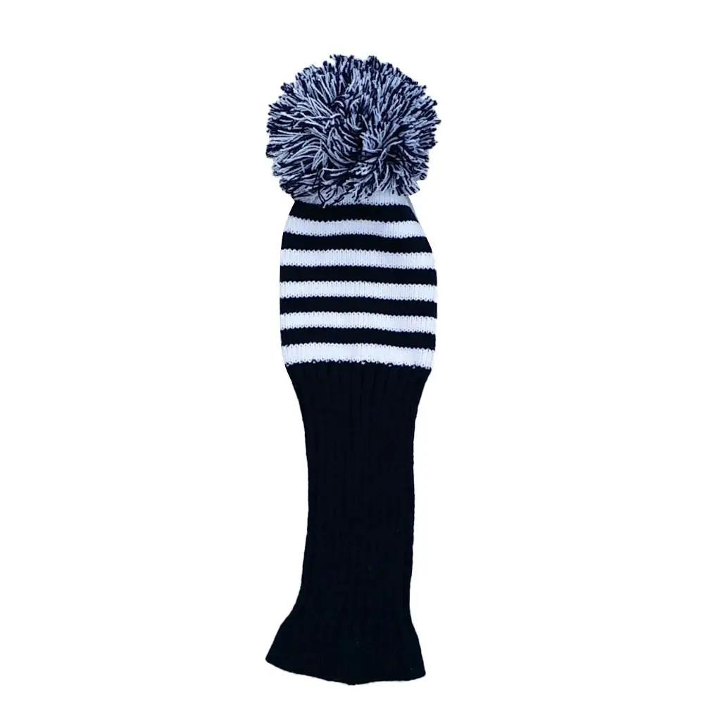 Woolen Yarn White Knit Stripes Pom Pom Golf Club Head Cover Classic Long Neck