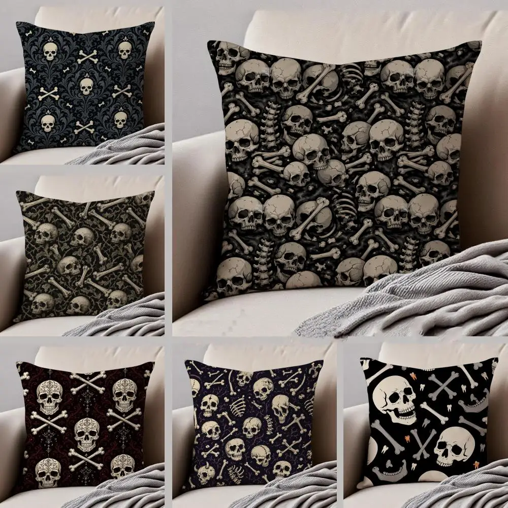 Halloween Skull & Bones Pattern Cushion Cover Throw Pillow Cover Hidden Button Durable Polyester Chair Cushion