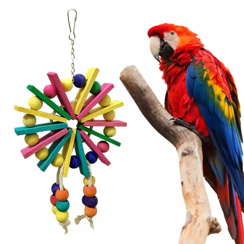 

Bird Parrot Wooden Hanging Cage Toys With Hook Multi-color Natural Wood Blocks Chewing Toy Bird Cage Decoration