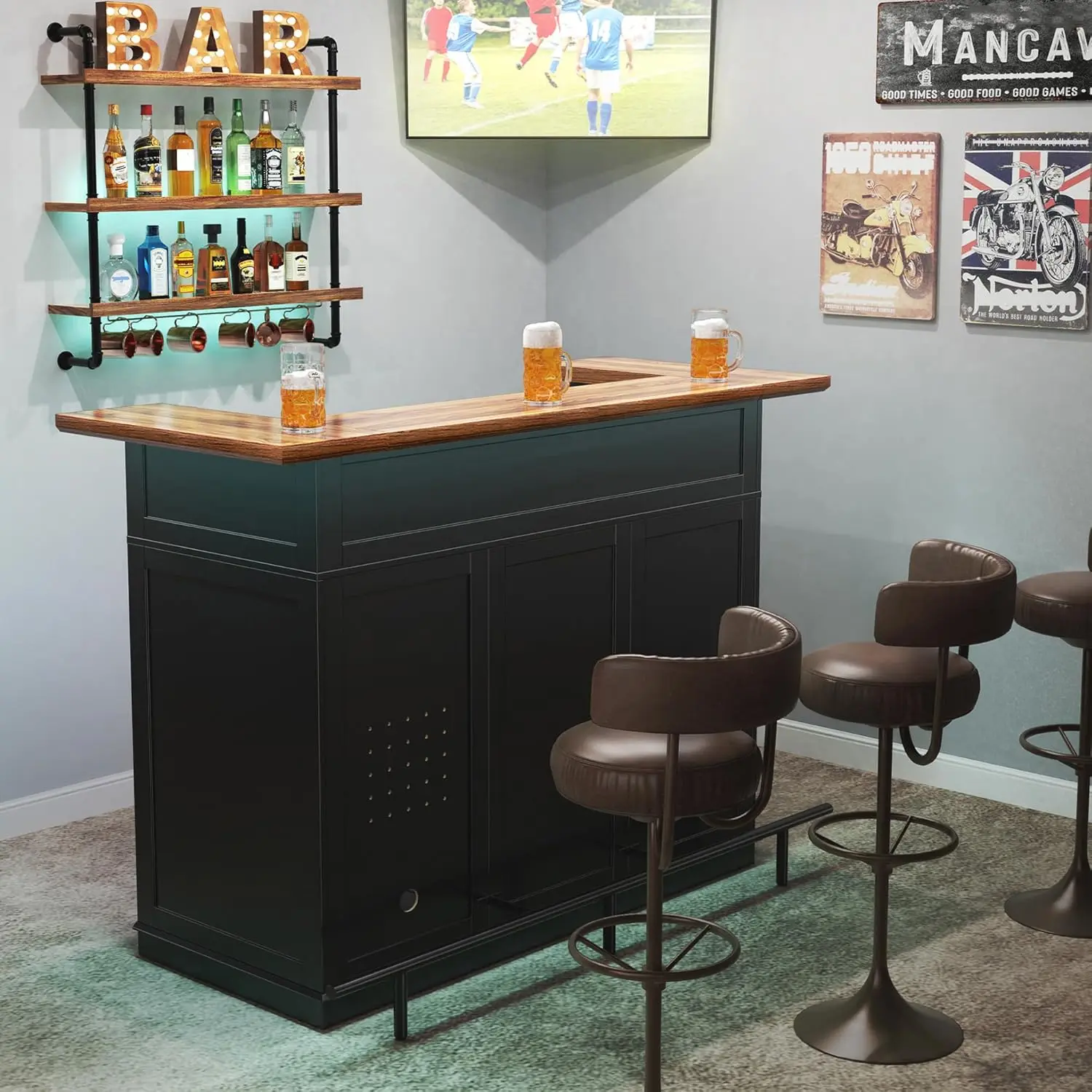 冷蔵庫スペース付きホームバーユニット、U字型リカーワインキャビネット、63.1インチミニバーテーブル、地下室やリビングルーム用の収納付き