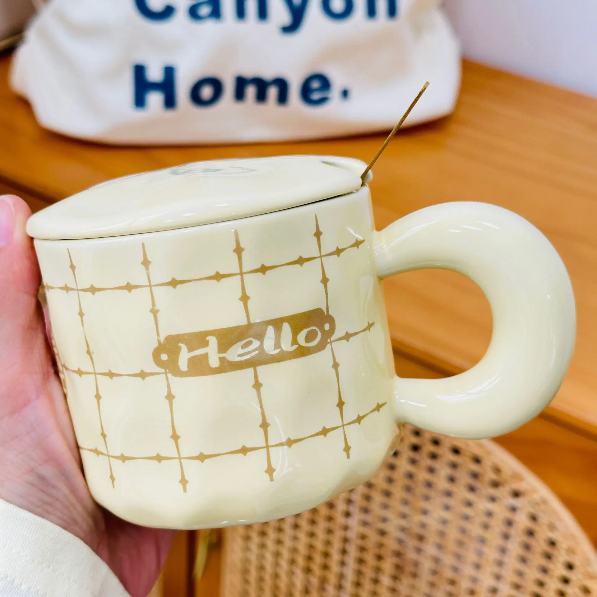 Cartoon Teddy Bear With Lid Spoon Large Capacity Student Ceramic Cup Underglaze Color Set Household Mug Small Gift