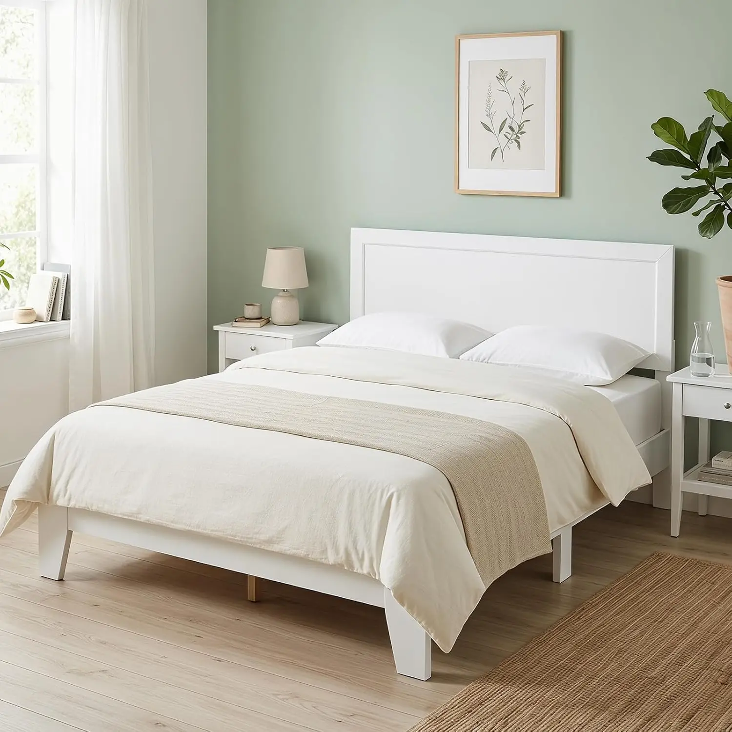 Queen Size Bed Frame, Modern Platform Bed with Headboard, Wooden Slat Support Mattress Foundation, Under-Bed Storage Space