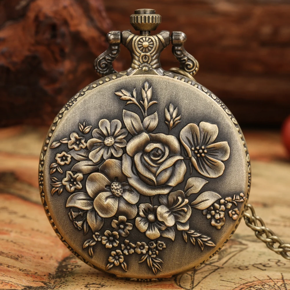 Vintage Bronze Flowers Quartz Analog Pocket Watch Gift Men Women Necklace Pendant Pocket Clock Arabic Numerals Dial Retro Watch