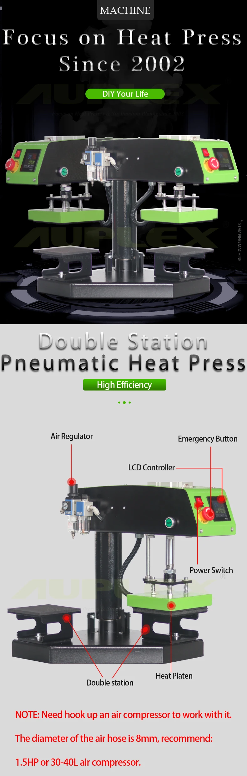 Auplex wholesale pneumatic punching rotary heat press machine with 2 station LCB1015-7