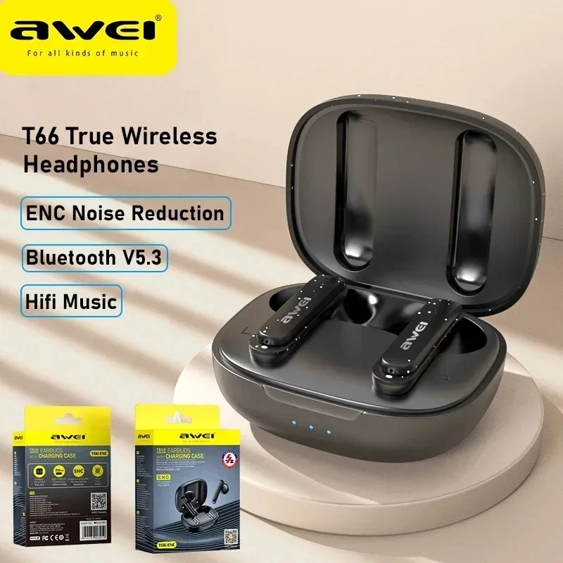 Awei-T66 fone de ouvido sem fio bluetooth 5.3 fone de ouvido bluetooth Fones De Ouvido Estéreo Esportivos, Fones De Ouvido TWS, Dual HD Mic