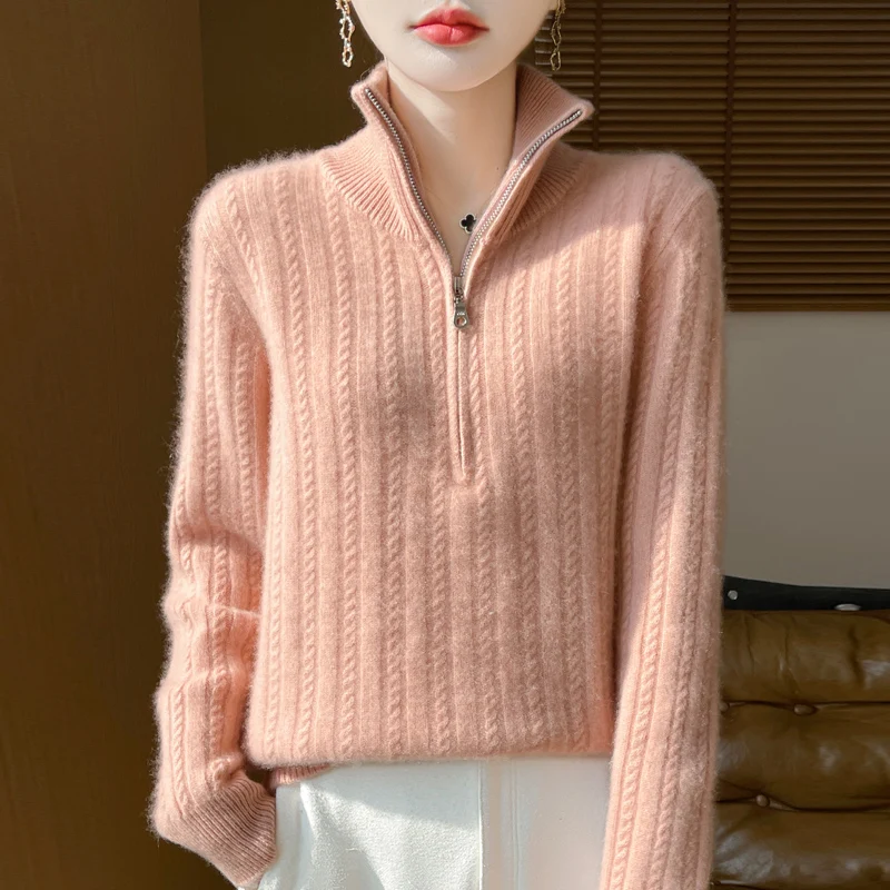 Autumn and winter new thick 100 pure wool women's stand-up collar half zipper twist soft waxy sweater loose wool sweater