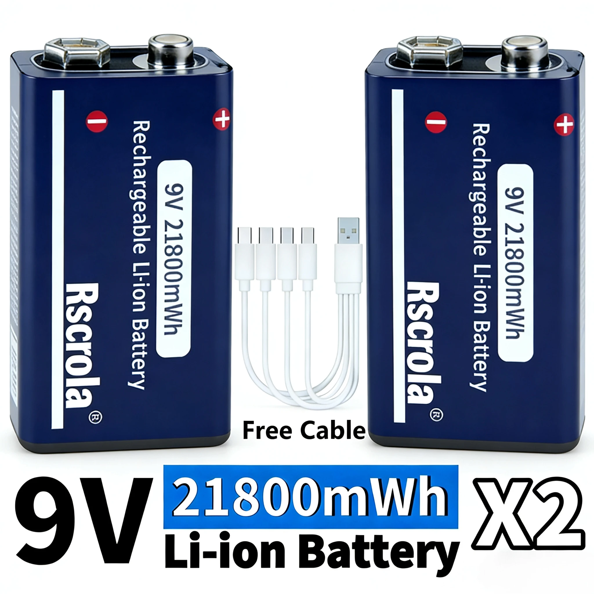 

9V 21800mWh Rechargeable Li-ion Battery Long Lasting with USB Cable for Guitar Microphone Smoke Detector