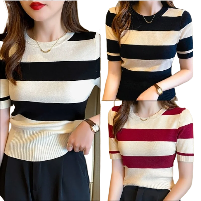 Striped Ice Silk Knitted T-shirt Women Summer Slim Short Sleeve Casual Top Tee