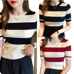 Striped Ice Silk Knitted T-shirt Women Summer Slim Short Sleeve Casual Top Tee