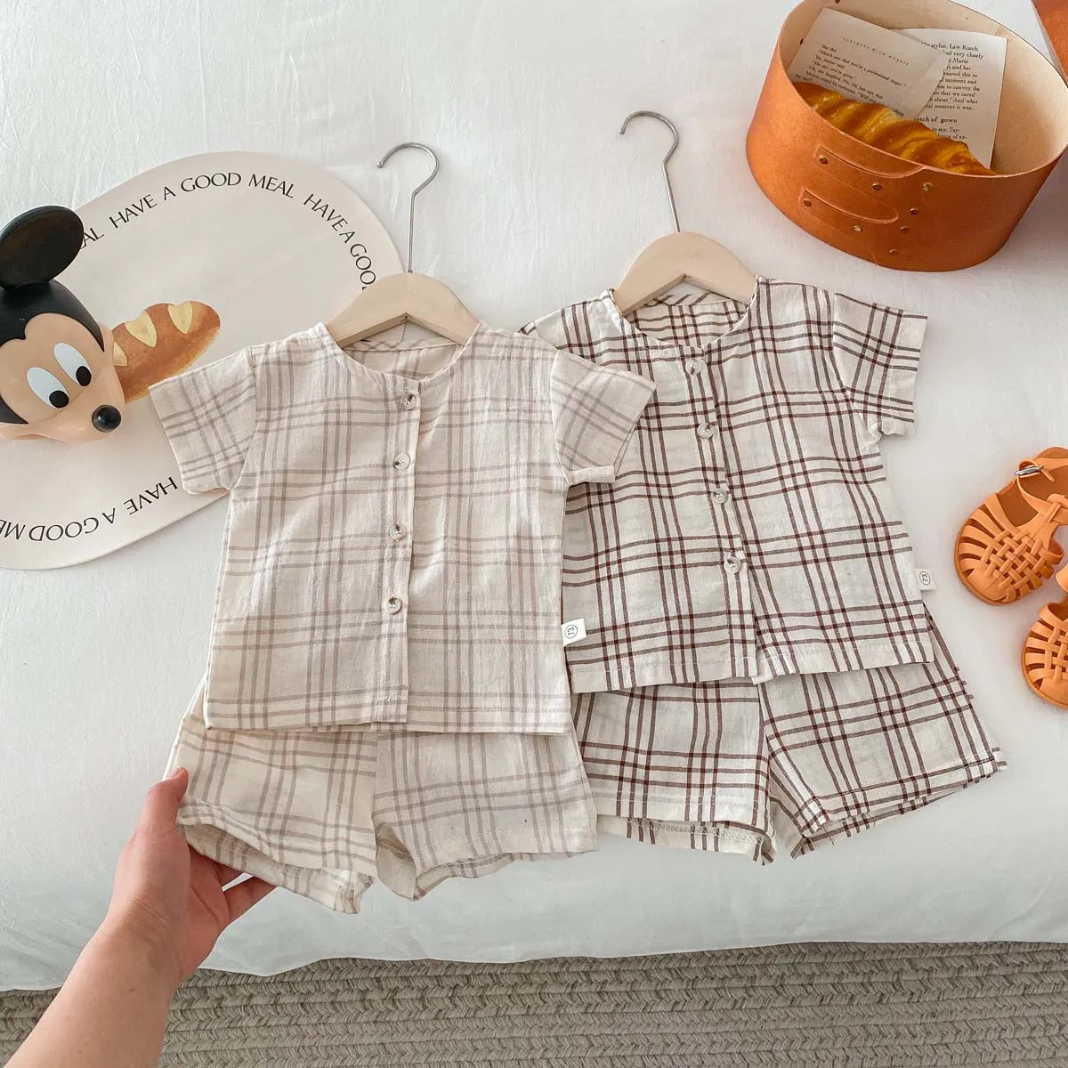 Infant Suits Baby Boys Girls Plaid Short Sleeved Top with Shorts One Sets Baby Clothes 1-3 Years Old