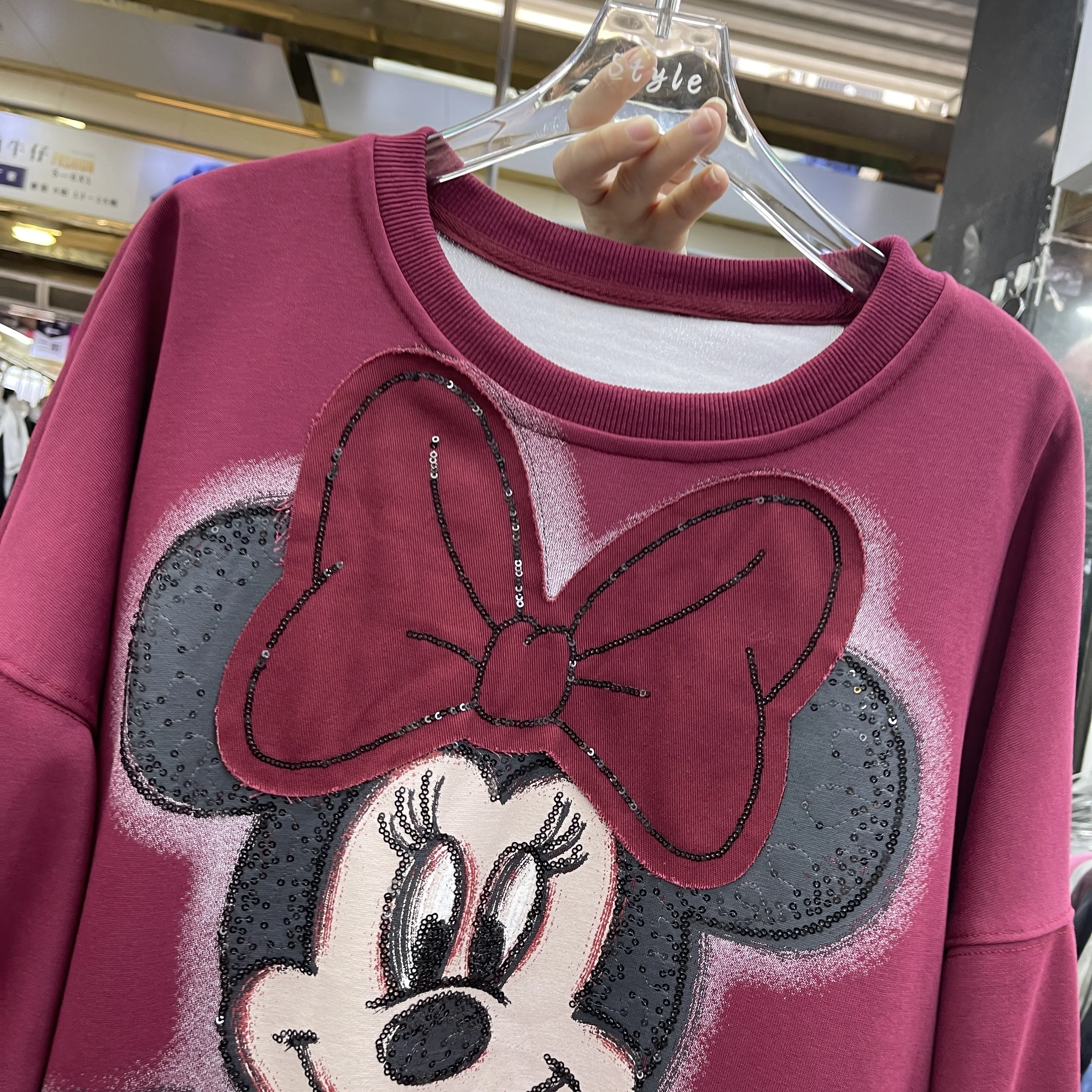 Autumn New Heavy Sequin Print Cartoon Round Neck Pullover Sweatshirt for Women Loose Fashion Long Sleeve Top Oversized Hoodie