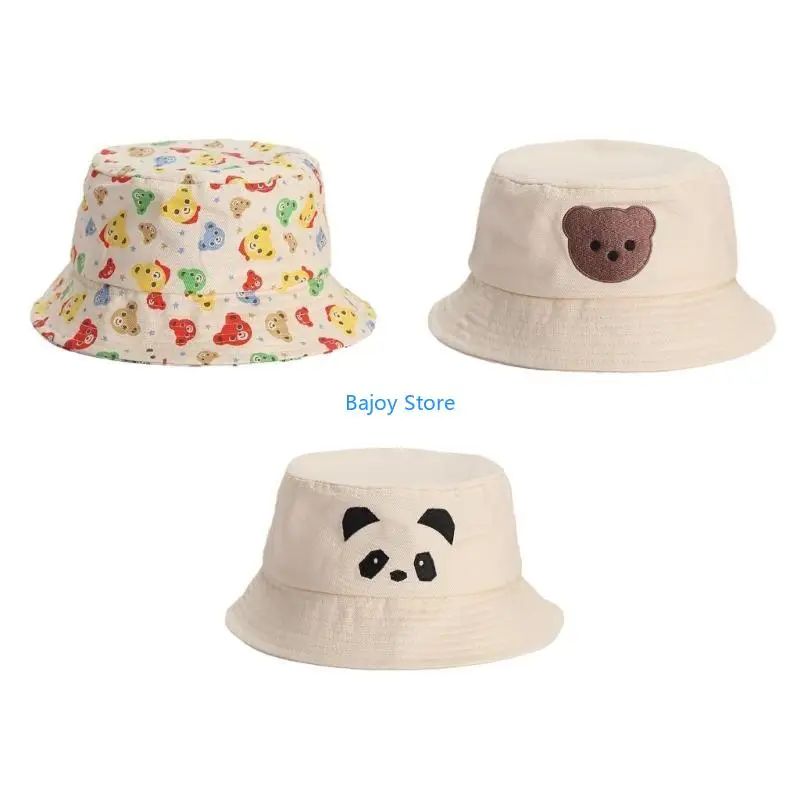 

63HE Stylish Kids Bucket Hat with Bear Pattern Foldable Fisherman Hat Breathable