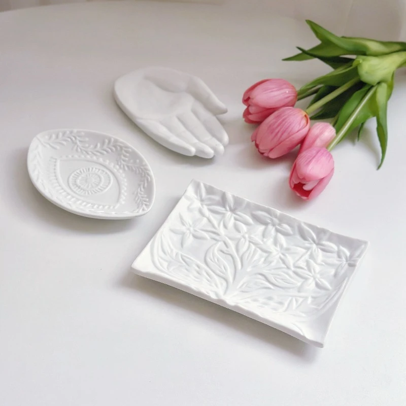French retro relief ceramic tray,soap dish,Multifunctional Tray for Aromatherapy/Jewelry Storage,Bathroom vanity storage decor