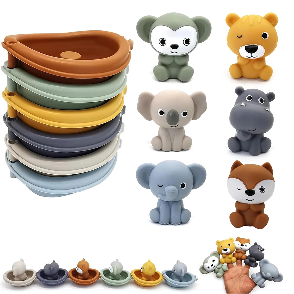 Baby Bath Toys Set Floating Boats for Infants 18 Months & Toddlers 1-5 Ages Silicone Animal Finger Puppet Shower Toy Bathtub Toy