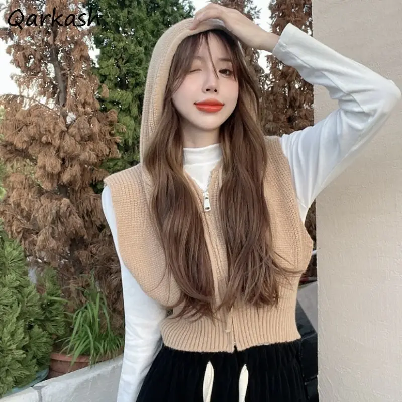 

Hooded Sweater Vests Women Slim Short Solid All-match Chic Outerwear Age-reducing Autumn Winter Tops Highstreet Female Popular