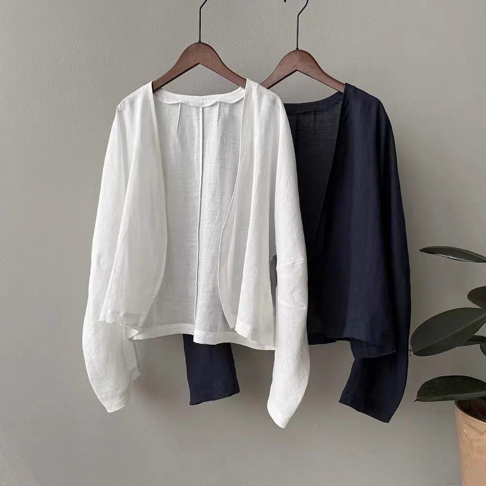 Retro Flax White Shirt Jacket Women Summer Artistic Long Sleeve Open Cardigan Loose Fit Sun Protection Thin Design Top