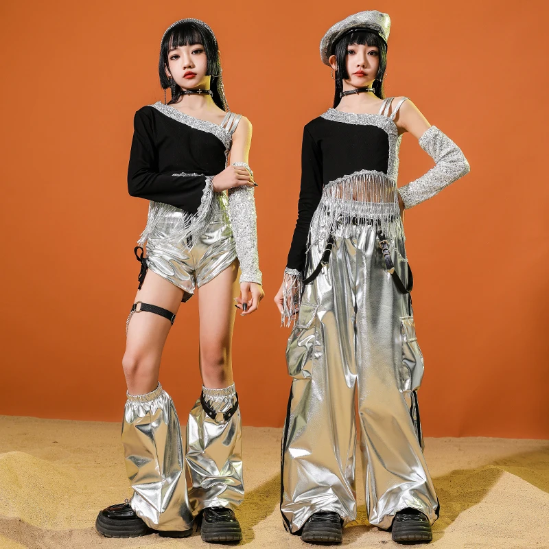 Customized Jazz Dance Suit for Girls with Exposed Navel Black Silver Suspender Suit Runway Children's Street Performance Costume
