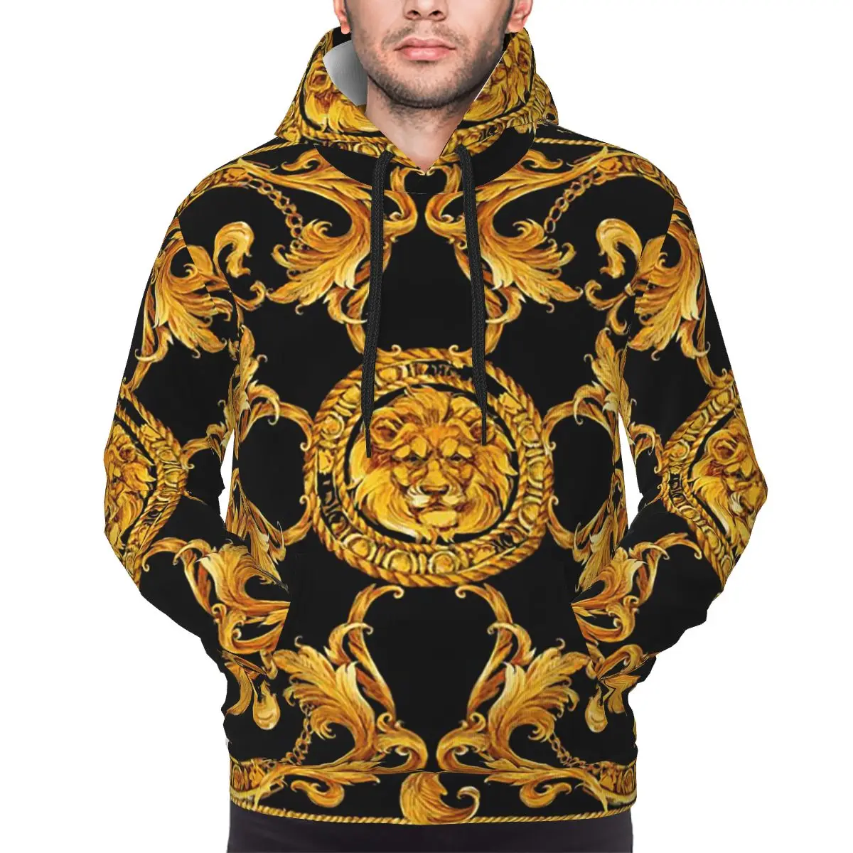 

Толстовка с капюшоном с золотым львом в стиле барокко, пуловер в стиле хип-хоп, осень-зима, мужская и женская толстовка, топы с длинными рукавами