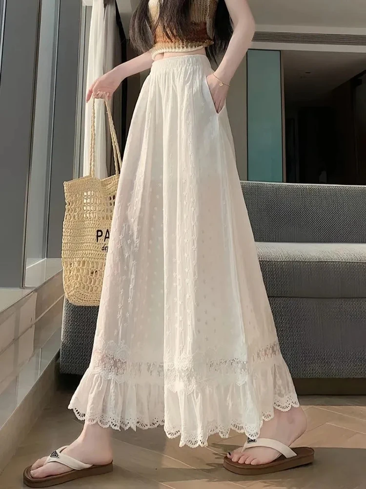 Women White Elastic High Waist Wide Leg Pants Star Embroidery Eyelet Lace Ruffle Hem Sheer Flowy Casual Beach Palazzo Trousers view 6
