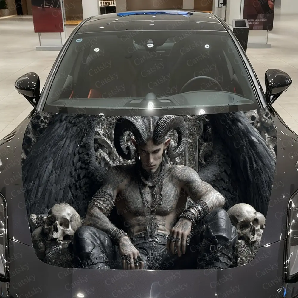 

Black-Winged Tattooed Horned Figure Car Vinyl Wrap, PVC Waterproof Car Hood Sticker, Self-Adhesive Scratch-Resistant Stickers