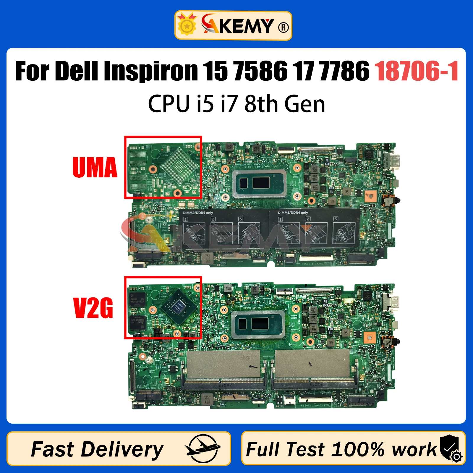 AKEMY 18706-1 For Dell Inspiron 15 7586 17 7786 0H3KD8 CN-0C6KN0 0K2X16 Laptop Motherboard With I5-8265U I7-8565U MX150 2G GPU