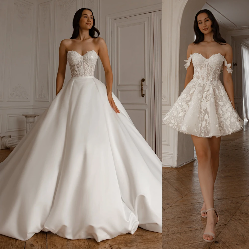 Customized Detachable Spaghetti Straps Wedding Dress 2 in 1 Lace Skirt Satin Ball Gown for Bride Dress